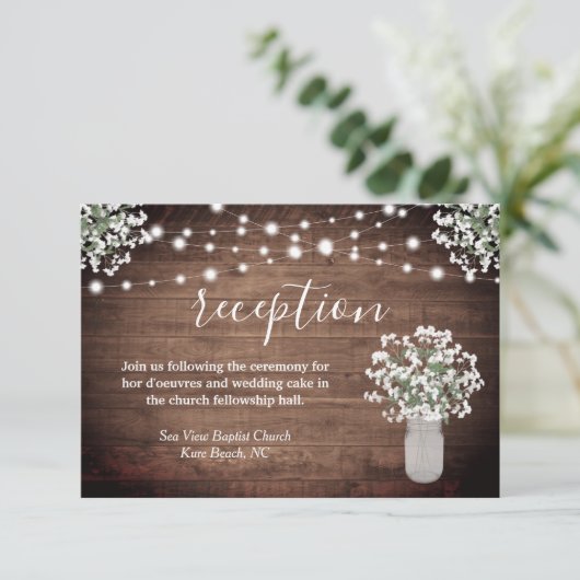 Rustikale Blumenmason Jar Lights Hochzeitsempfang Begleitkarte (Stehend Vorderseite)