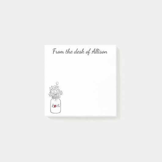 Rustikale Blumenmason Jar Red Heart Liebe Blume Post-it Klebezettel (Vorderseite)