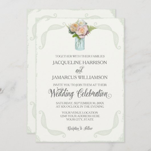 Rustikale Blumenmason Jar Rose Skripttypografie Einladung (Vorne/Hinten)