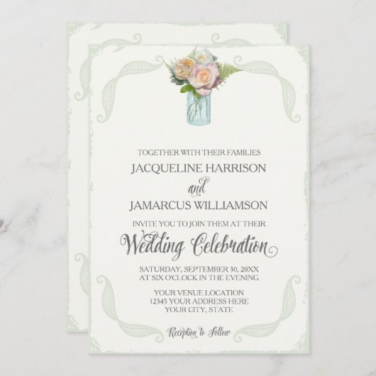 Rustikale Blumenmason Jar Rose Skripttypografie Einladung (Vorne/Hinten)