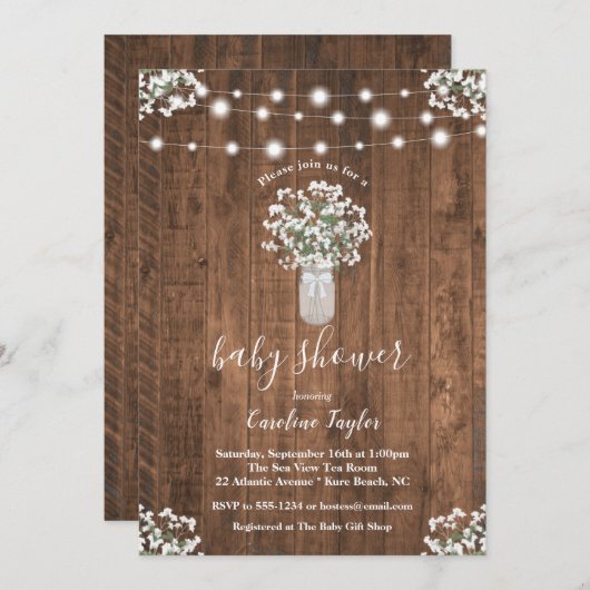 Rustikale Blumenmason Jar String Light Baby Dusche Einladung (Vorne/Hinten)