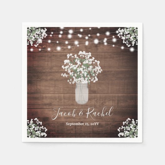 Rustikale Blumenmason Jar & String Lights Hochzeit Serviette (Vorderseite)