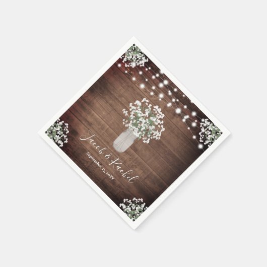 Rustikale Blumenmason Jar & String Lights Hochzeit Serviette (Ecke)