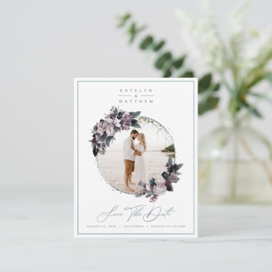 Rustikale Blumenminze, Gerahmtes Foto und Kalligra Save The Date (Stehend Vorderseite)