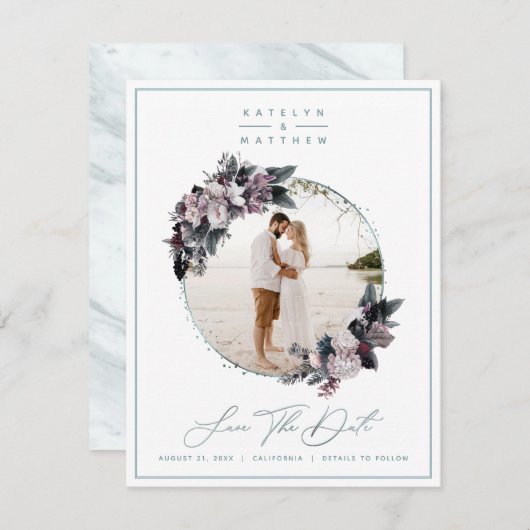 Rustikale Blumenminze, Gerahmtes Foto und Kalligra Save The Date (Vorne/Hinten)