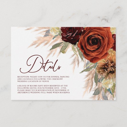 Rustikale Blumenpampas-Gras-Hochzeiten Details Begleitkarte (Vorderseite)