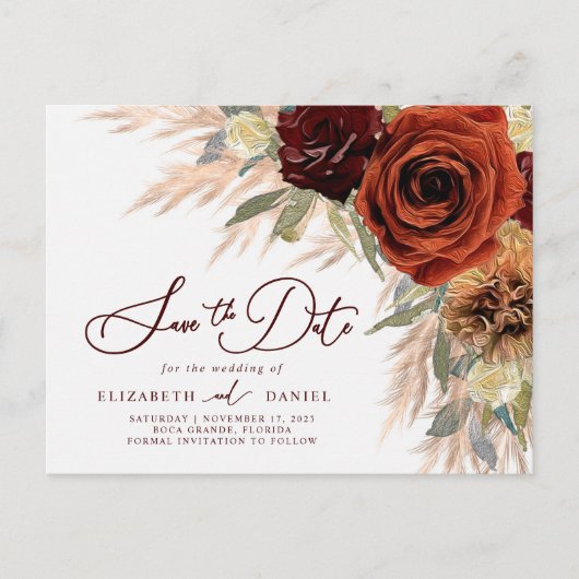 Rustikale Blumenpampas Gras Save the Date Postkart Postkarte (Vorderseite)