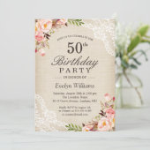 Rustikale Blumenpartei Ivory Burlap Lace Birthday  Einladung (Stehend Vorderseite)