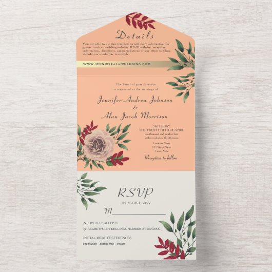 Rustikale Blumenpfirsich Fuzz Wedding All In One Einladung (Innen Boden)