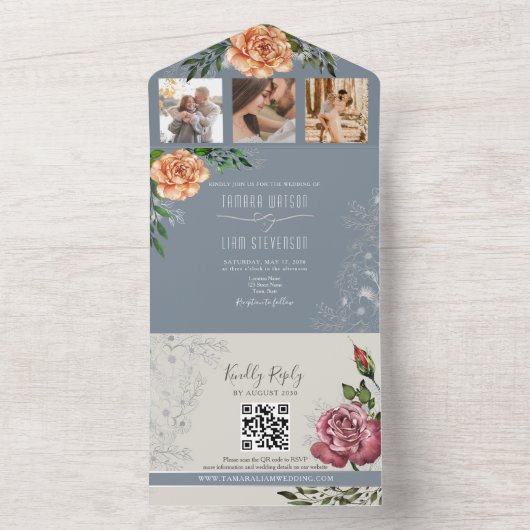 Rustikale Blumenpfirsichpfirsichpfirsichfarben Ros All In One Einladung (Innen Boden)