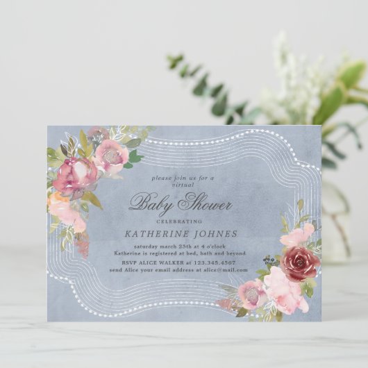 rustikale Blumenrahmen virtuelle Babydusche einlad (Stehend Vorderseite)