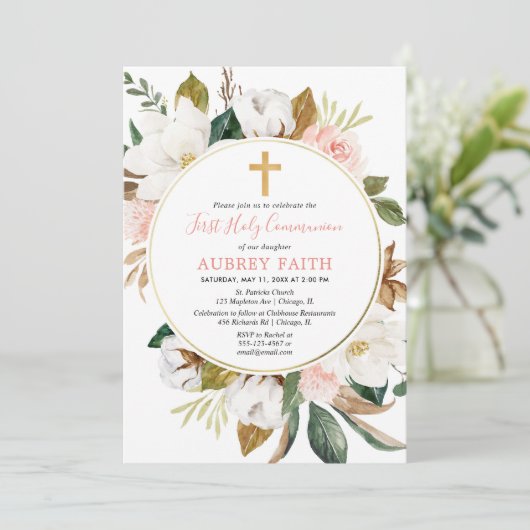 Rustikale Blumenreste Rosa erste Kommune Einladung (Stehend Vorderseite)