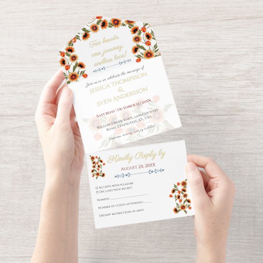 Rustikale, blumenskandinavische Volkshochzeit Insp All-in-One-Einladung (Abreißstreifen)