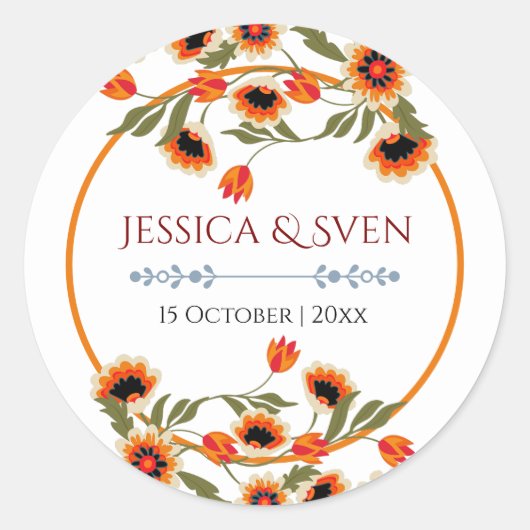 Rustikale, blumenskandinavische Volkshochzeit Insp Runder Aufkleber (Vorderseite)