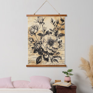 Rustikale Blumenskizze mit Kalligrafie - Alter (10 Wandteppich Mit Holzrahmen