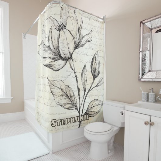 Rustikale Blumenskizze mit Kalligrafie - Alter (4) Duschvorhang (Beispiel)