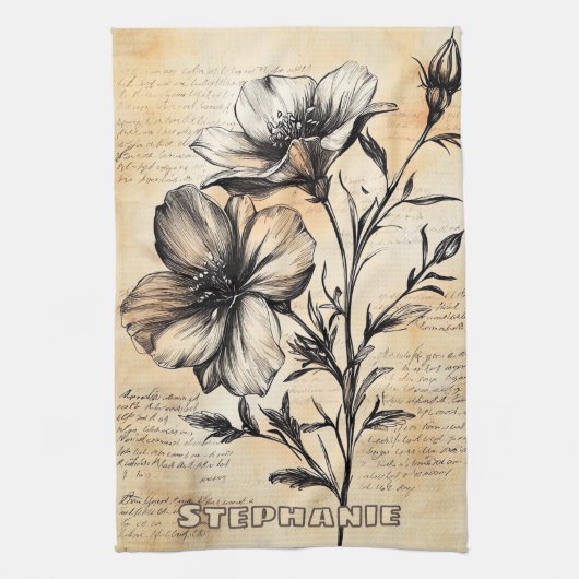 Rustikale Blumenskizze mit Kalligrafie - Alter (6) Geschirrtuch (Vertikal)