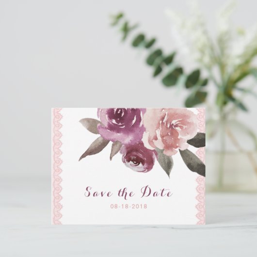 Rustikale Blumenspitze Save the Date Ankündigungspostkarte (Stehend Vorderseite)