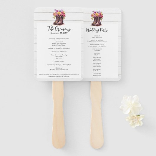 Rustikale Blumenstiefel und Hochzeitsprogramm für Fächer (Vorne und Hinten)