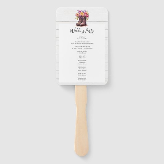 Rustikale Blumenstiefel und Hochzeitsprogramm für  Fächer (Rückseite)