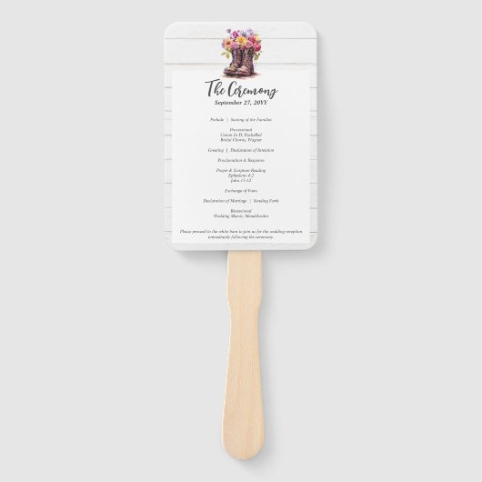 Rustikale Blumenstiefel und Hochzeitsprogramm für  Fächer (Vorderseite)