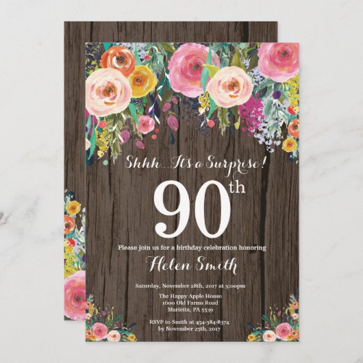 Rustikale Blumenüberraschung 90. Geburtstag Einlad Einladung (Vorne/Hinten)
