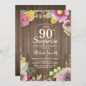 Rustikale Blumenüberraschung 90. Geburtstag Einlad Einladung (Vorne/Hinten)