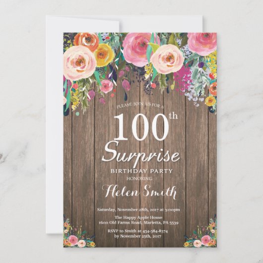 Rustikale Blumenüberraschung zum 100. Geburtstag E Einladung (Vorderseite)
