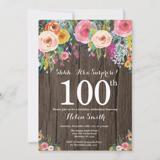 Rustikale Blumenüberraschung zum 100. Geburtstag E Einladung (Vorderseite)