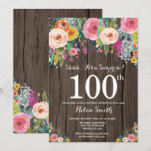 Rustikale Blumenüberraschung zum 100. Geburtstag E Einladung (Vorne/Hinten)