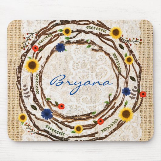Rustikale Blumenzweige, Spitzen- und Burlap-Maus-P Mousepad (Vorne)