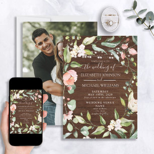 Rustikale Blush Bloral Script Wood Foto Hochzeit Einladung