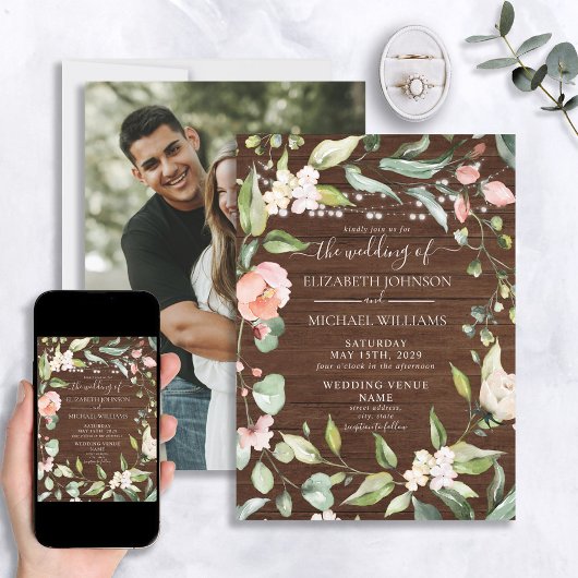 Rustikale Blush Bloral Script Wood Foto Hochzeit Einladung