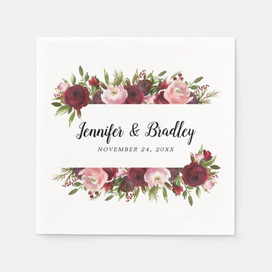 Rustikale Blush Burgund Blume Hochzeit Serviette (Vorderseite)