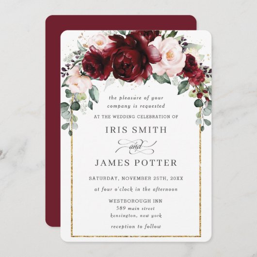 Rustikale Blush Burgund Rose Arch Wedding Einladung (Vorne/Hinten)