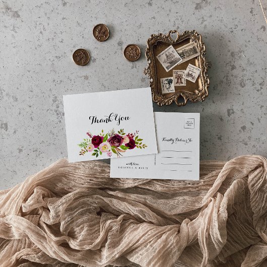 Rustikale Blush Burgundy Blumenkalligraphie Vielen Postkarte