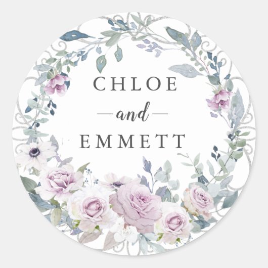 Rustikale Blush Lila Rose Kranz Gastgeschenk Hochz Runder Aufkleber (Vorderseite)