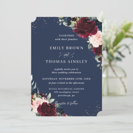 Rustikale Blush Navy Blues Blumengrün Wedding Inv Einladung (Stehend Vorderseite)