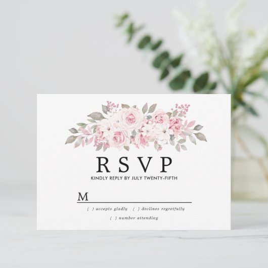 Rustikale Blush Pink Floral Wedding RSVP (Stehend Vorderseite)