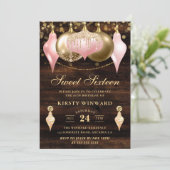 Rustikale Blush Pink & Gold Baubles 16 . Geburtsta Einladung (Stehend Vorderseite)
