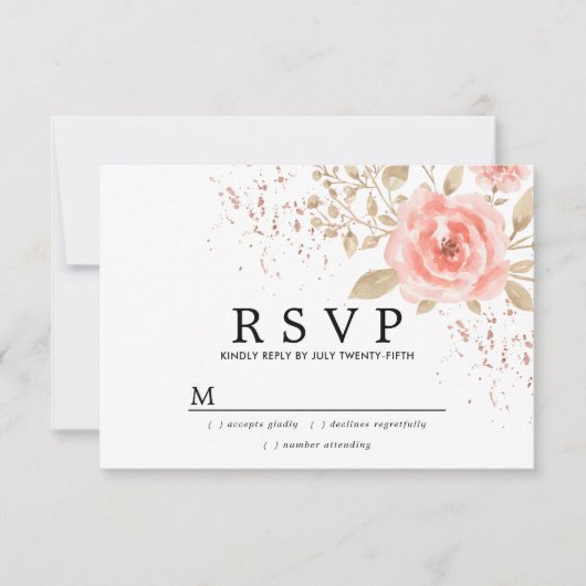 Rustikale Blush Pink Gold Floral Wedding RSVP Karte (Vorderseite)