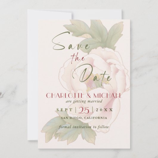 Rustikale Blush Pink Peony Wedding Save the Date (Vorderseite)