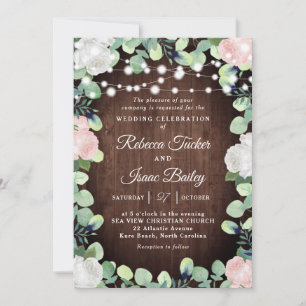 Rustikale Blush Pink & White Roses Grüne Hochzeit Einladung