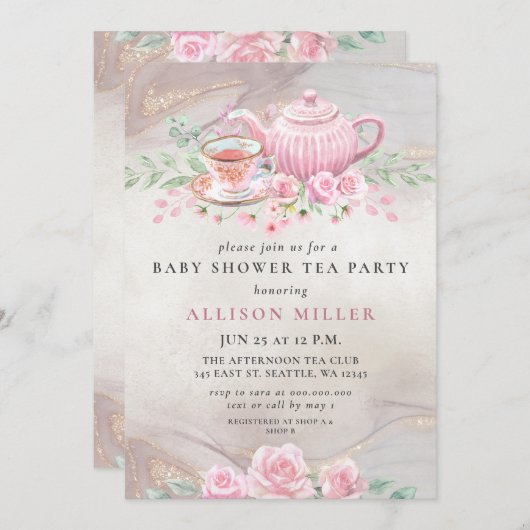 Rustikale Blush Rose Gold Tee Party Babydusche Einladung (Vorne/Hinten)