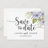 Rustikale Blüte Lila Save the Date Postkarte (Vorne/Hinten)