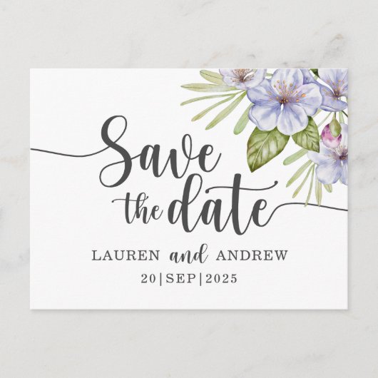Rustikale Blüte Lila Save the Date Postkarte (Vorderseite)
