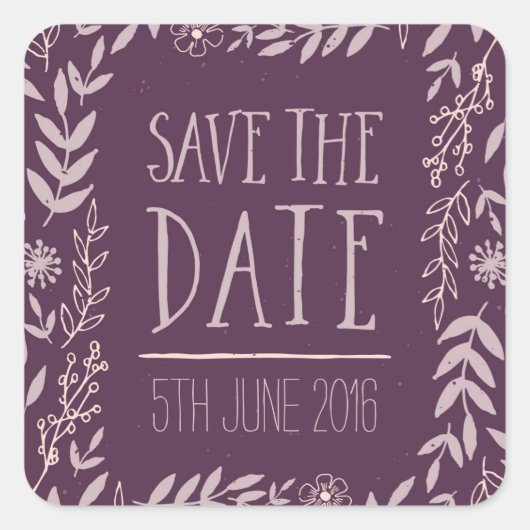 Rustikale Blüte Save the Date Lila Quadratischer Aufkleber (Vorderseite)