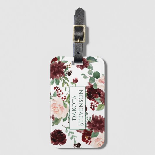 Rustikale Blüten | Terracotta und Marsala Monogram Gepäckanhänger (Vorderseite Vertikal)