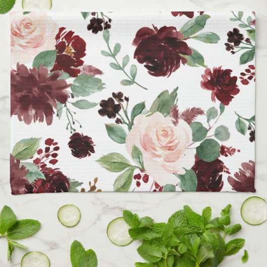 Rustikale Blüten | Terracotta und Marsala Rotes Mu Geschirrtuch (Gefaltet)