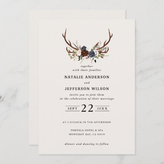 Rustikale Blüten und Geweihe Eherröte Initialen (Vorne/Hinten)